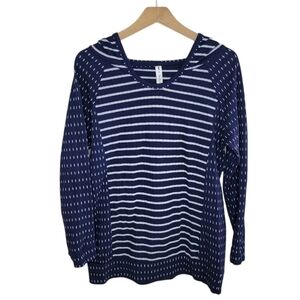 Vanilla Bay | Navy White Mixed Print Stripe & Dot Hoodie Top Size Large